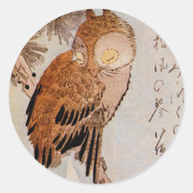 月夜のみみずく, 広重 Moonlight Owl, Hiroshige, Ukiyo-e Round Sticker