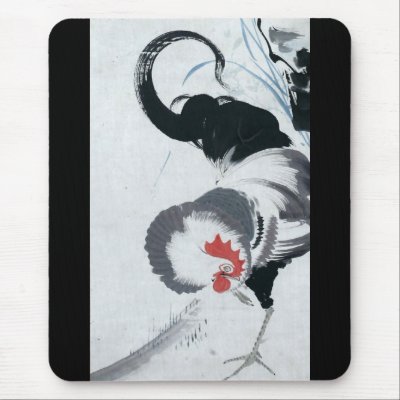 雄鶏図, 若冲 Rooster(detail), Jakuchu Mouse Pad by ukiyoemuseum