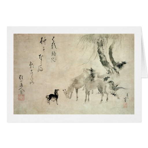馬の家族, 北斎 Family of The Horse, Hokusai, Sumi-e Greeting Card