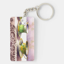 0001 Teacups on Lace Keychain Rectangle Acrylic Key Chain