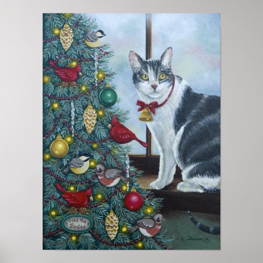 0417 Cat & Christmas Tree Art Print