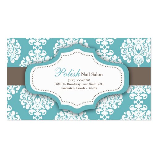 100 Blue Damask Nail Technician Business Card (front side)