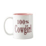 100% Cowgirl - (pink & brown plaid lettering) Mugs