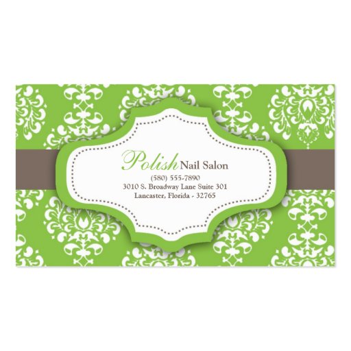 100 Green Damask Nail Technician Business Card (front side)