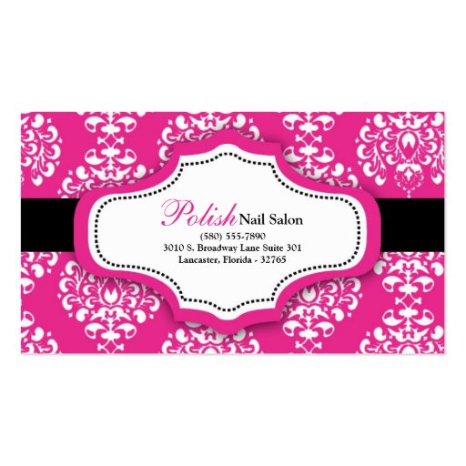 100 Hot Pink Damask Nail Technician Business Card (front side)