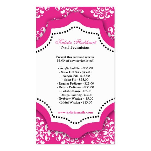100 Hot Pink Damask Nail Technician Business Card (back side)