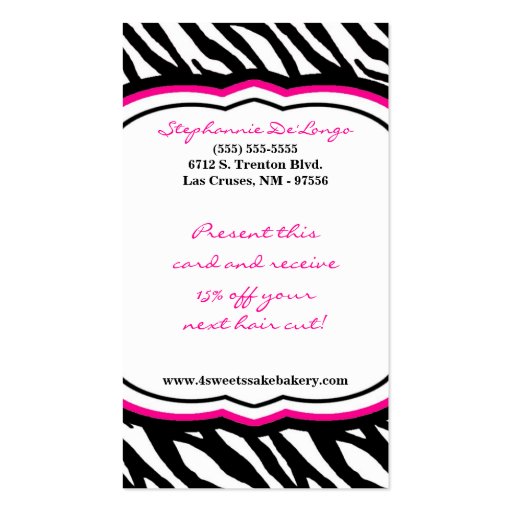 100 Hot Pink Zebra Bakery Chef Business Card (back side)
