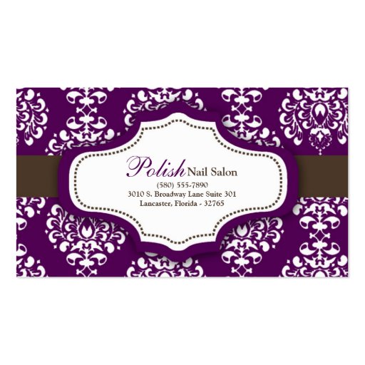 100 Purple Damask Nail Technician Business Card (front side)