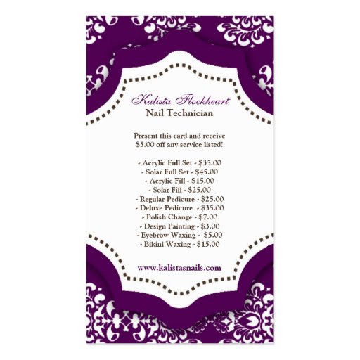 100 Purple Damask Nail Technician Business Card (back side)