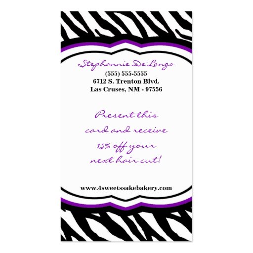 100 Purple Zebra Bakery Chef Business Card (back side)