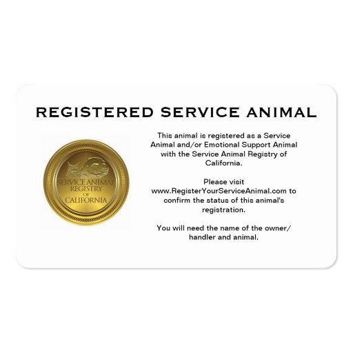 100 Registered Service Animal Business Cards (front side)