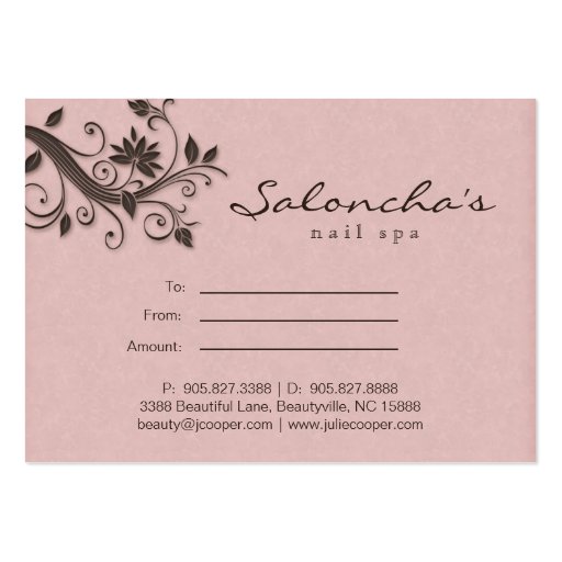 /100 Salon Gift Certificate Spa Floral Pink Brown Business Cards (back side)