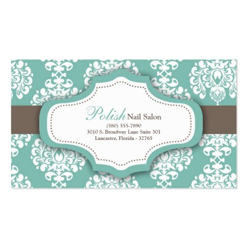 100 Teal Damask Nail Technician Business Card (front side)
