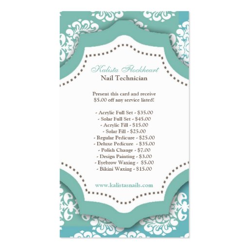 100 Teal Damask Nail Technician Business Card (back side)