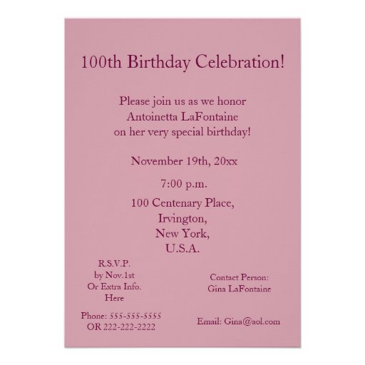 100th Birthday Celebration-Pink Lily Personalized Invites