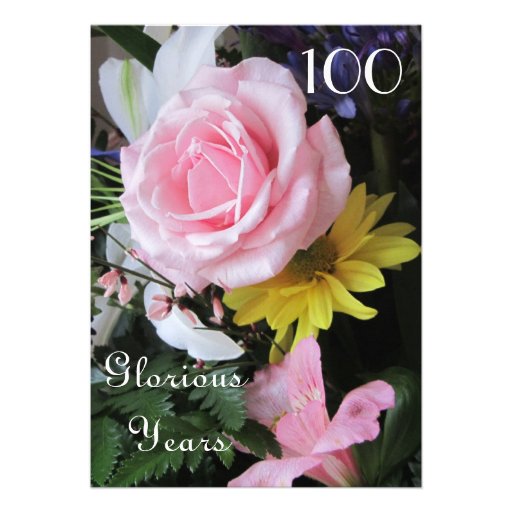 100th Birthday Celebration!-Pink Rose Bouquet Custom Announcements