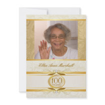 100th Birthday - Gold Damask Photo Invitation