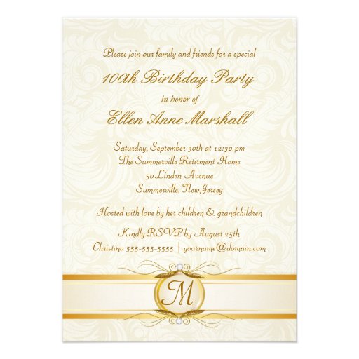 100th Birthday - Gold Damask Photo Invitation