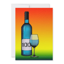 100th birthday : halftone wine bottle & glass personalized invite