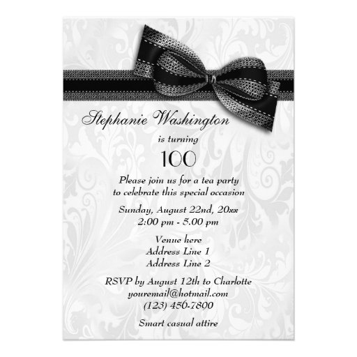 100th Birthday Party Damask and Faux Bow Custom Invitations