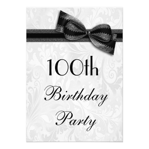 100th Birthday Party Damask and Faux Bow Custom Invitations