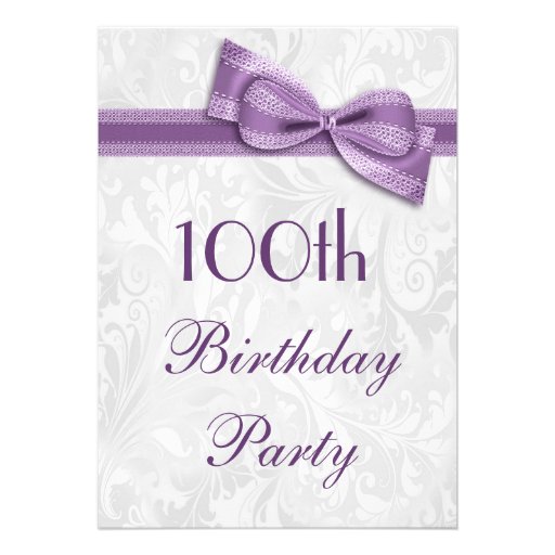 100th Birthday Party Damask and Faux Bow Personalized Invitations