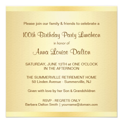 100th Birthday Party Invitations - Photo Optional
