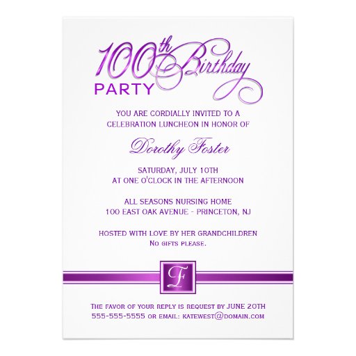 100th Birthday Party Invitations - with Monogram
