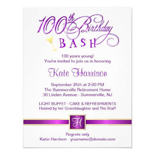 100th Birthday Party Invitations - with Monogram