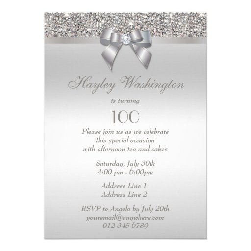 100th Birthday Party Silver Sequins, Bow & Diamond Personalized Announcement
