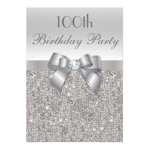 100th Birthday Party Silver Sequins, Bow & Diamond Personalized Announcement