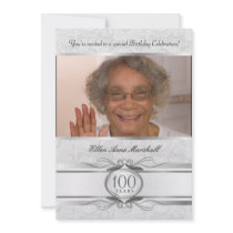 100th Birthday - Silver Damask Photo Invitation
