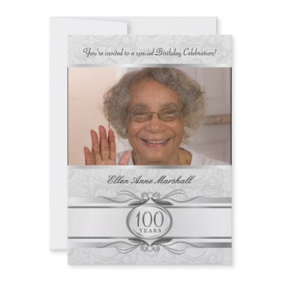 100th Birthday - Silver Damask Photo Invitation Zazzle_invitation 100th Birthday - Silver Damask Photo Invitation Zazzle_invitation