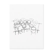 10 Piece Drum Kit: Black & White Drawing: Post Cards
