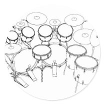 10 Piece Drum Kit: Black & White Drawing: Round Sticker