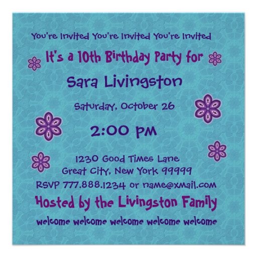 10th Birthday Purple Flowers Custom Name Announcements