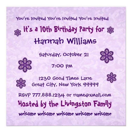 10th Birthday Purple Flowers Custom Name W686 Invitation