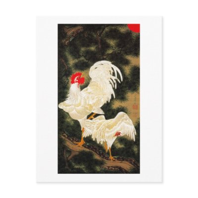 11. 老松白鶏図, 若冲 Pine-tree & White Chickens, Jakuchū Postcards by ukiyoemuseum