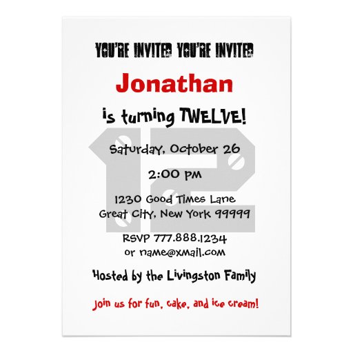 12th Birthday Modern Teen Black and White Pattern Personalized Invitations