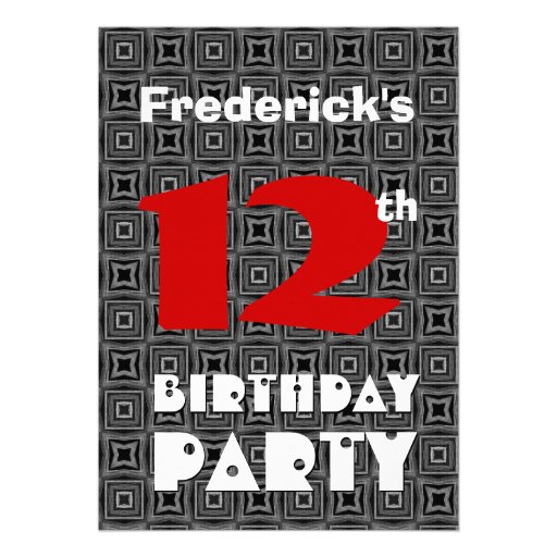 12th Birthday Modern Teen Black and White Pattern Personalized Invitations