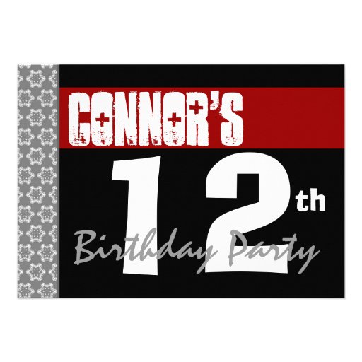 12th Birthday Party Modern Red Black and White Custom Announcement