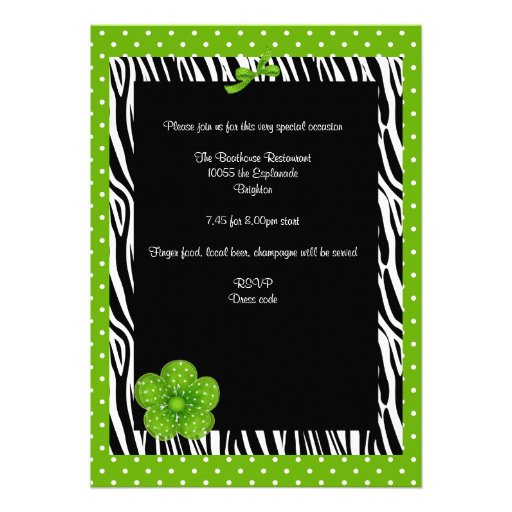 13th Birthday Black White Zebra Green Spot Flower Custom Invitations