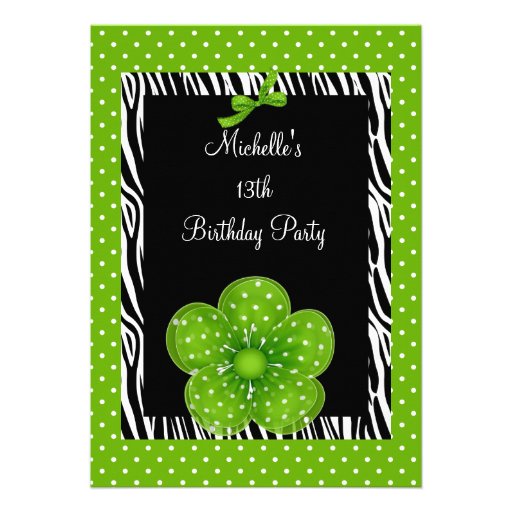 13th Birthday Black White Zebra Green Spot Flower Custom Invitations