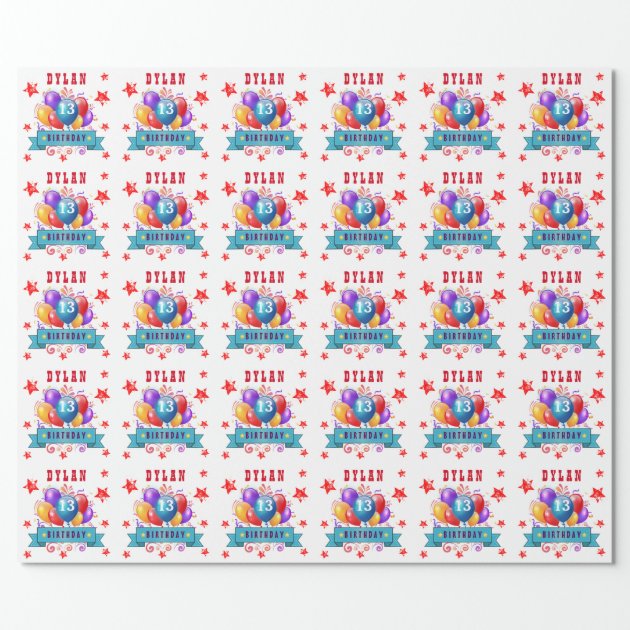 13th Birthday Festive Balloons and Red Stars 102Z Wrapping Paper 3/4
