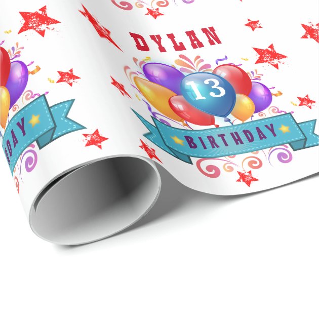 13th Birthday Festive Balloons and Red Stars 102Z Wrapping Paper 4/4