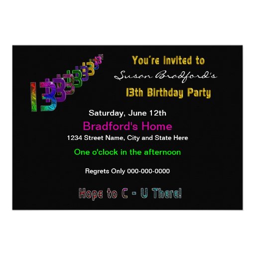 13th Birthday Invitation - Girl - Numbers