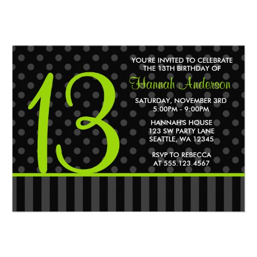 13th Birthday Lime Green Black Polka Dot Stripes Announcements (front side)