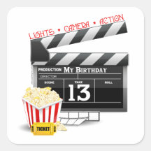 13th Birthday Movie Party Square Stickers