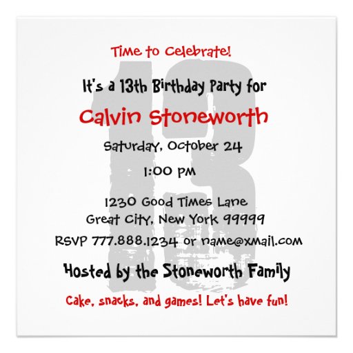 13th Birthday Party Black Red White Contemporary Announcement