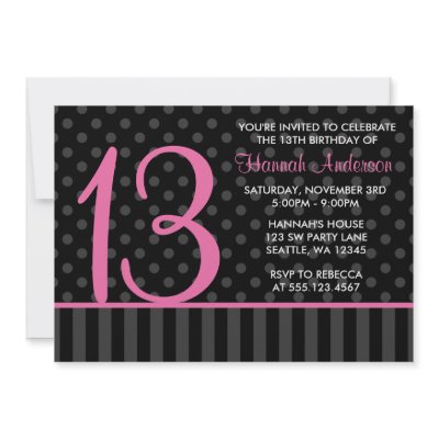 13th Birthday Pink and Black Polka Dot Stripes Invitations by printcreekstudio